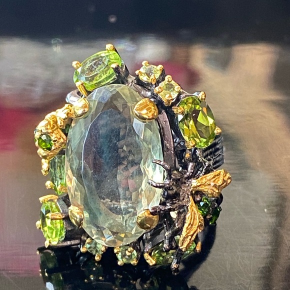 Intricate Genuine Green Amethyst Ring with Gems - Picture 6 of 17